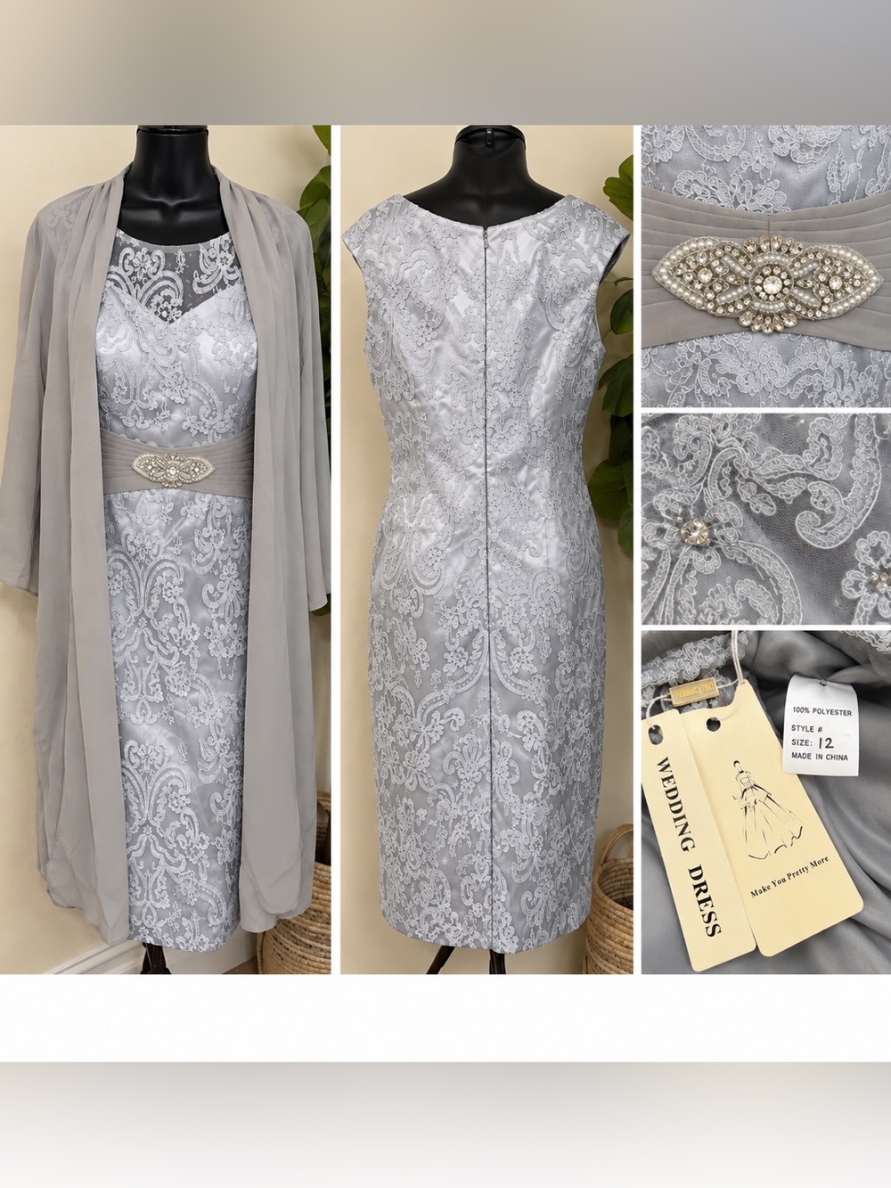 Elegant Silver Lace Sheath Dress with Beaded Waist